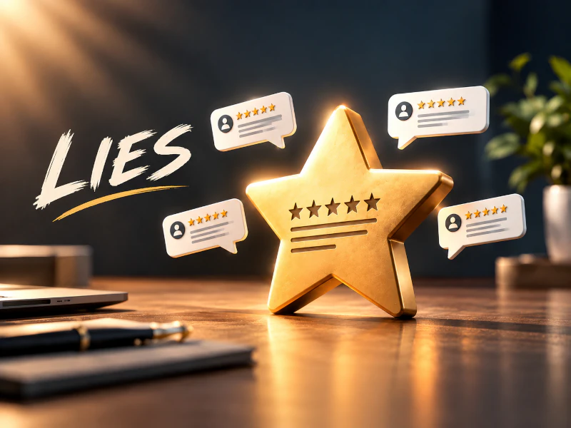 Five-star Google reviews illustrated as lies