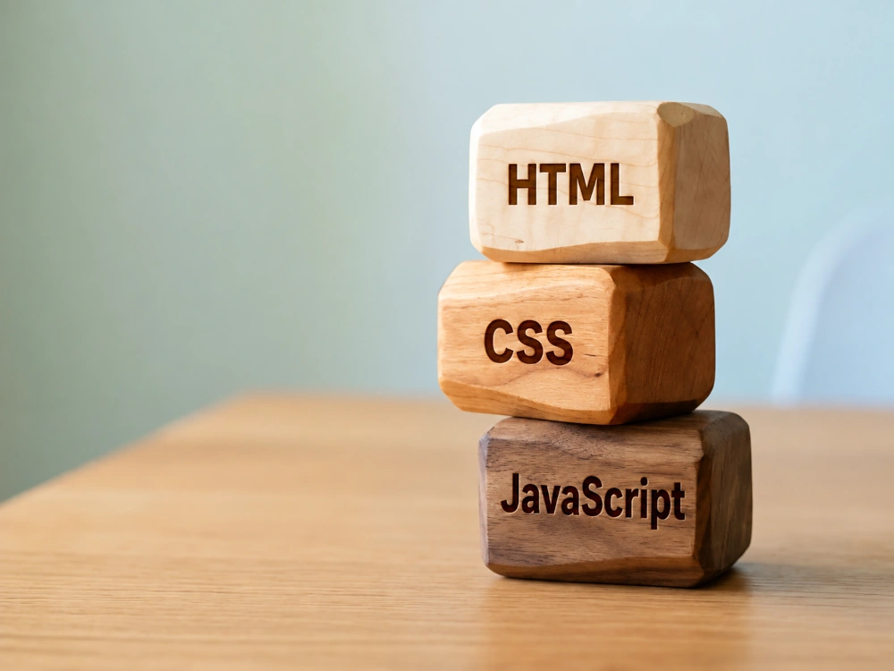 Three wooden blocks labeled HTML, CSS and JavaScript stacked on a table