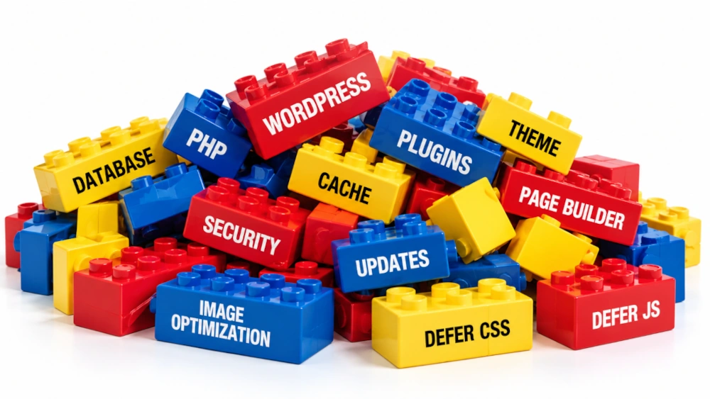 Pile of colorful building blocks representing the many components of a WordPress website